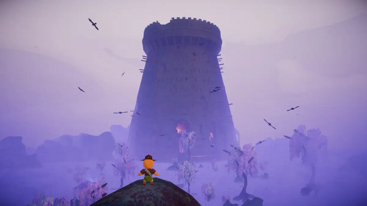 A PEAK climber facing a towering structure above a misty island
