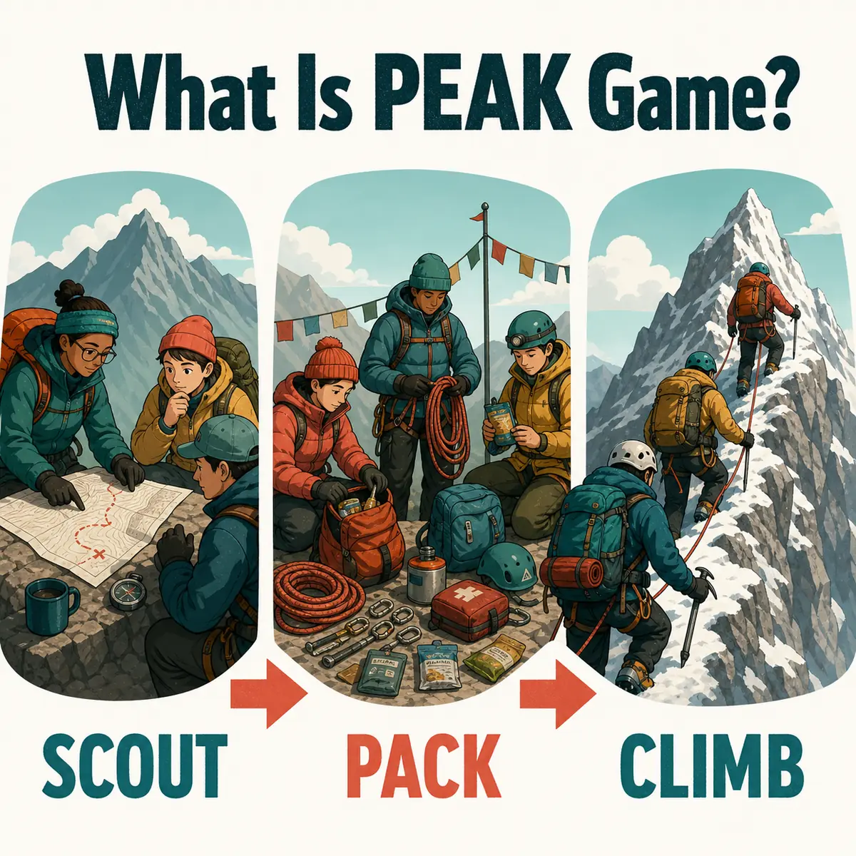 PEAK beginner flow showing route scouting, equipment preparation, and the first climb